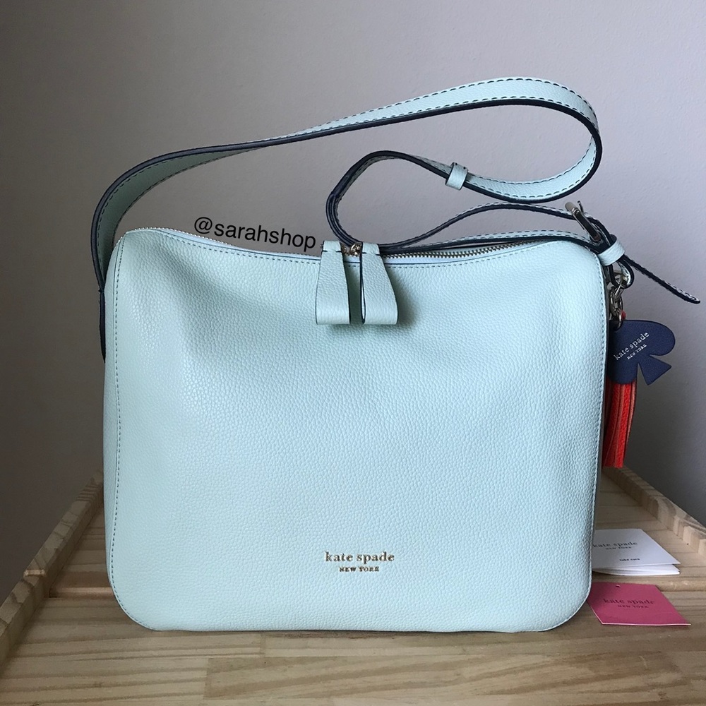 kate spade Light Blue Leather Shoulder Bag with Red Tassel Charm
